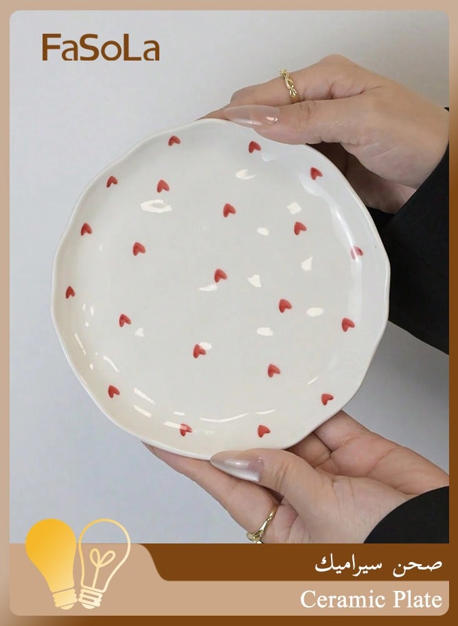 فاصولا طبق سيراميك، قطعة واحدة 16 سم طبق عشاء، بورسلين أبيض فاخر طبق حلويات، طبق تقديم أنيق بحواف مموجة ونقشة قلب للفطور والمقبلات، طبق جانبي عصري لاستضافة الضيوف وديكور المنزل، صحن صغير متين للوجبات الخفيفة والمجوهرات (لون أبيض) - Image 1